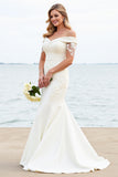 Ivory Satin Sweep Train Off the Shoulder Mermaid Wedding Dress