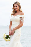 Ivory Satin Sweep Train Off the Shoulder Mermaid Wedding Dress