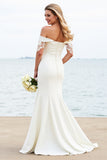 Ivory Satin Sweep Train Off the Shoulder Mermaid Wedding Dress