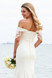 Ivory Satin Sweep Train Off the Shoulder Mermaid Wedding Dress
