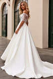Ivory Satin A Line Off the Shoulder Sweep Train Wedding Dress with Applique