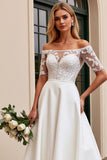 Ivory Satin A Line Off the Shoulder Sweep Train Wedding Dress with Applique