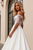 Ivory Satin A Line Off the Shoulder Sweep Train Wedding Dress with Applique
