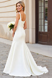 Ivory Satin Square Neck Sweep Train Mermaid Simple Wedding Dress