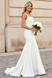 Ivory Satin Square Neck Sweep Train Mermaid Simple Wedding Dress