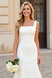 Ivory Satin Square Neck Sweep Train Mermaid Simple Wedding Dress