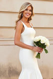Ivory Satin Square Neck Sweep Train Mermaid Simple Wedding Dress