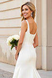 Ivory Satin Square Neck Sweep Train Mermaid Simple Wedding Dress