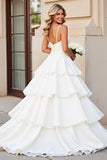 Ivory Tiered Ball Gown Satin Spaghetti Straps Sweep Train Wedding Dress