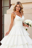 Ivory Tiered Ball Gown Satin Spaghetti Straps Sweep Train Wedding Dress