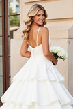 Ivory Tiered Ball Gown Satin Spaghetti Straps Sweep Train Wedding Dress