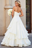 Ivory Chiffon Spaghetti Straps Floor Length Ruffled Boho Wedding Dress