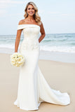 White Satin Sweep Train Mermaid Wedding Dress with Appliques