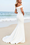 White Satin Sweep Train Mermaid Wedding Dress with Appliques