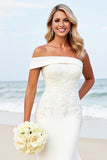 White Satin Sweep Train Mermaid Wedding Dress with Appliques