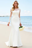 Ivory Satin Illusion Neck Sweep Train Mermaid Wedding Dress with Applique