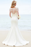 Ivory Satin Illusion Neck Sweep Train Mermaid Wedding Dress with Applique