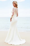 Ivory Satin Illusion Neck Sweep Train Mermaid Wedding Dress with Applique