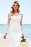 Ivory Satin Illusion Neck Sweep Train Mermaid Wedding Dress with Applique
