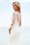 Ivory Satin Illusion Neck Sweep Train Mermaid Wedding Dress with Applique
