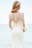 Ivory Satin Illusion Neck Sweep Train Mermaid Wedding Dress with Applique