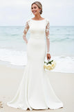 Ivory Satin Boat Neck Sweep Train Mermaid Elegant Wedding Dress