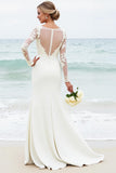Ivory Satin Boat Neck Sweep Train Mermaid Elegant Wedding Dress