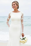 Ivory Satin Boat Neck Sweep Train Mermaid Elegant Wedding Dress