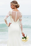Ivory Satin Boat Neck Sweep Train Mermaid Elegant Wedding Dress