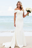 Ivory Satin Off the Shoulder Sweep Train Sheath Wedding Dress with Lace