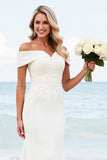 Ivory Satin Off the Shoulder Sweep Train Sheath Wedding Dress with Lace