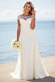 Ivory Illusion Boat Neck Sweep Train A Line Wedding Dress with Lace