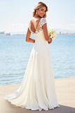 Ivory Illusion Boat Neck Sweep Train A Line Wedding Dress with Lace