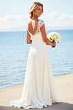 Ivory Illusion Boat Neck Sweep Train A Line Wedding Dress with Lace