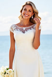 Ivory Illusion Boat Neck Sweep Train A Line Wedding Dress with Lace