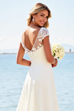 Ivory Illusion Boat Neck Sweep Train A Line Wedding Dress with Lace