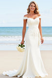 White Off the Shoulder Sweep Train Mermaid Wedding Dress with Appliques