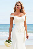 White Off the Shoulder Sweep Train Mermaid Wedding Dress with Appliques