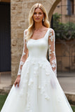 Ivory Square Neck Sweep Train Ball Gown Wedding Dress with Lace