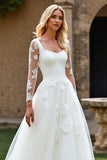 Ivory Square Neck Sweep Train Ball Gown Wedding Dress with Lace