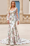 Ivory Flower Satin Square Neck Sweep Train Mermaid Wedding Dress