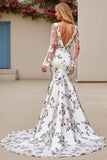 Ivory Flower Satin Square Neck Sweep Train Mermaid Wedding Dress