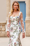 Ivory Flower Satin Square Neck Sweep Train Mermaid Wedding Dress