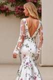 Ivory Flower Satin Square Neck Sweep Train Mermaid Wedding Dress