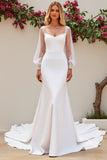 Ivory Satin Sweep Train Mermaid Wedding Dress with Sheer Sleeves