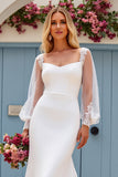 Ivory Satin Sweep Train Mermaid Wedding Dress with Sheer Sleeves