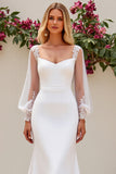 Ivory Satin Sweep Train Mermaid Wedding Dress with Sheer Sleeves