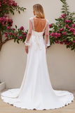 Ivory Satin Sweep Train Mermaid Wedding Dress with Sheer Sleeves