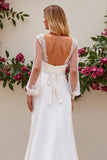 Ivory Satin Sweep Train Mermaid Wedding Dress with Sheer Sleeves