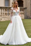 Ivory A Line Illusion Neck Sweep Train Wedding Dress with Lace